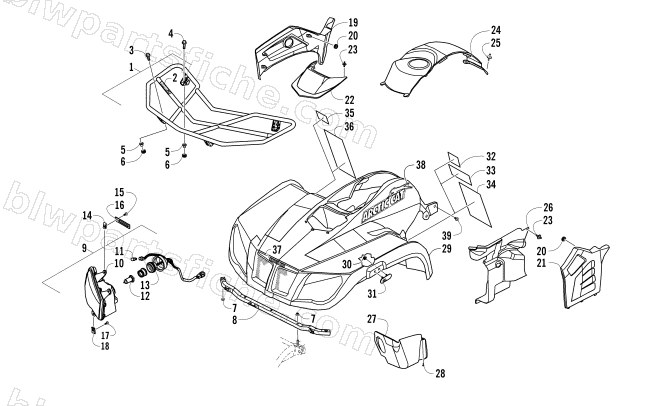 FRONT BODY, RACK, AND HEADLIGHT ASSEMBLY diagram