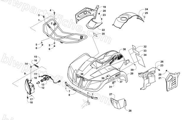 FRONT BODY, RACK, AND HEADLIGHT ASSEMBLY diagram