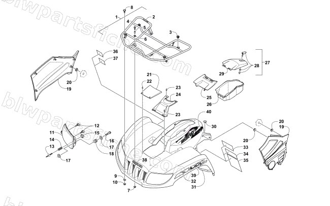 FRONT RACK, BODY PANEL, AND HEADLIGHT ASSEMBLIES diagram