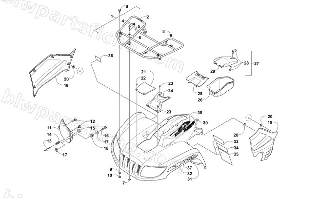 FRONT RACK, BODY PANEL, AND HEADLIGHT ASSEMBLIES diagram