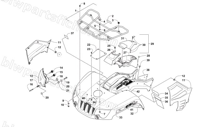 FRONT RACK, BODY PANEL, AND HEADLIGHT ASSEMBLIES diagram