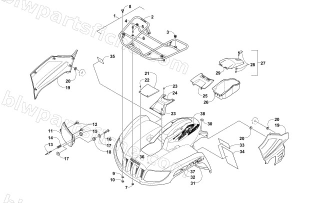 FRONT RACK, BODY PANEL, AND HEADLIGHT ASSEMBLIES diagram