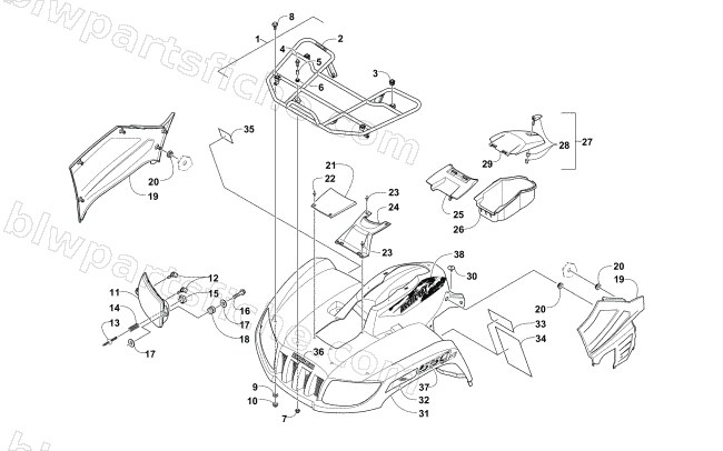 FRONT RACK, BODY PANEL, AND HEADLIGHT ASSEMBLIES diagram