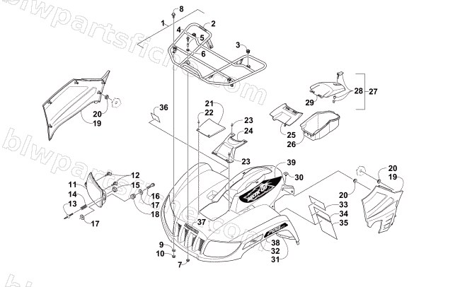 FRONT RACK, BODY PANEL, AND HEADLIGHT ASSEMBLIES diagram