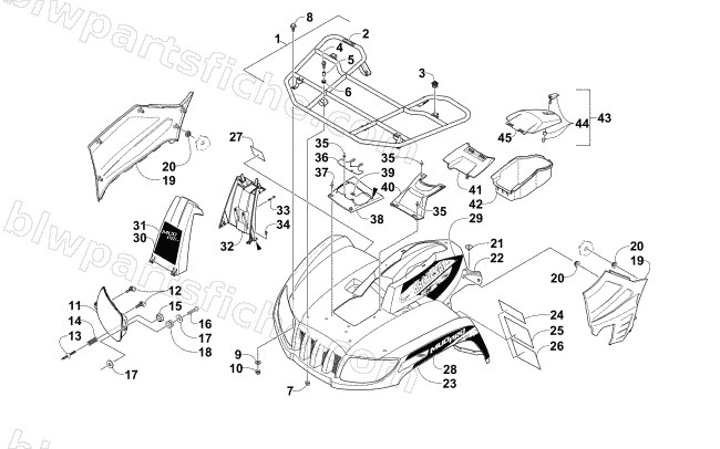 FRONT RACK, BODY PANEL, AND HEADLIGHT ASSEMBLIES diagram