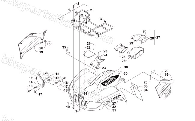 FRONT RACK, BODY PANEL, AND HEADLIGHT ASSEMBLIES diagram