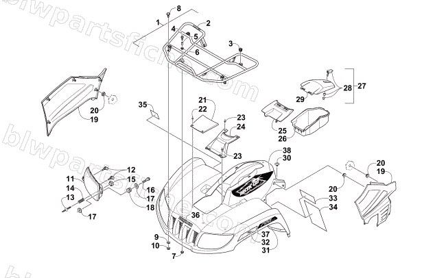FRONT RACK, BODY PANEL, AND HEADLIGHT ASSEMBLIES diagram
