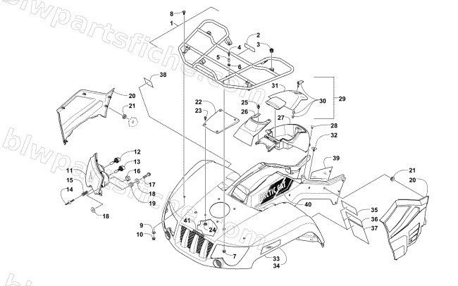 FRONT RACK, BODY PANEL, AND HEADLIGHT ASSEMBLIES diagram