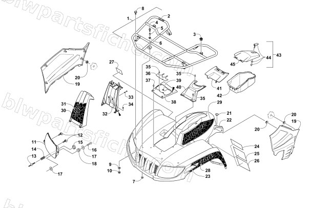 FRONT RACK, BODY PANEL, AND HEADLIGHT ASSEMBLIES diagram