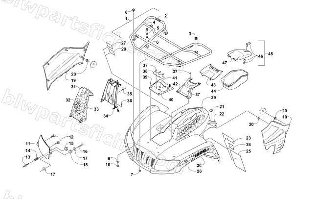 FRONT RACK, BODY PANEL, AND HEADLIGHT ASSEMBLIES diagram