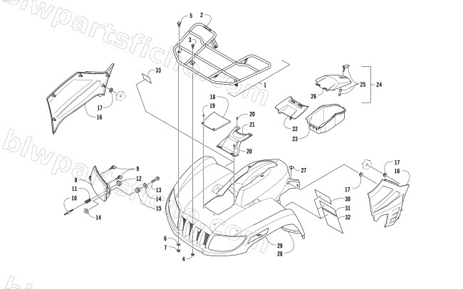 FRONT RACK, BODY PANEL, AND HEADLIGHT ASSEMBLIES diagram