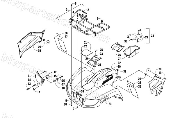 FRONT RACK, BODY PANEL, AND HEADLIGHT ASSEMBLIES diagram