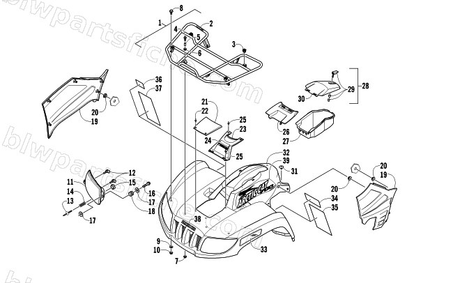 FRONT RACK, BODY PANEL, AND HEADLIGHT ASSEMBLIES diagram