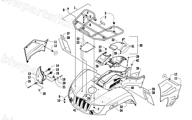 FRONT RACK, BODY PANEL, AND HEADLIGHT ASSEMBLIES diagram