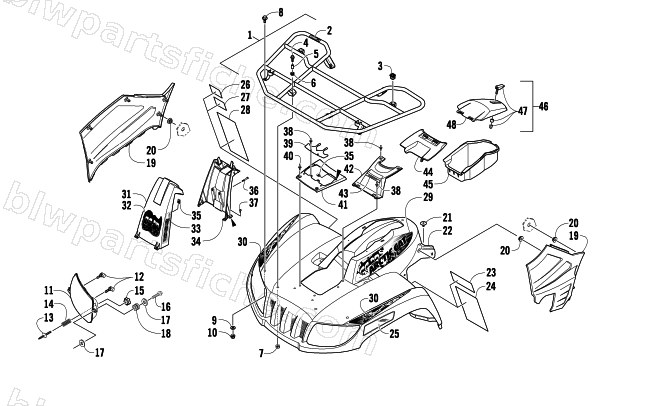 FRONT RACK, BODY PANEL, AND HEADLIGHT ASSEMBLIES diagram