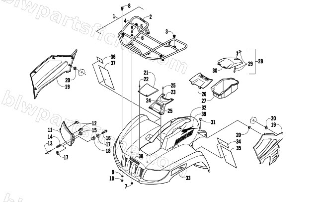 FRONT RACK, BODY PANEL, AND HEADLIGHT ASSEMBLIES diagram