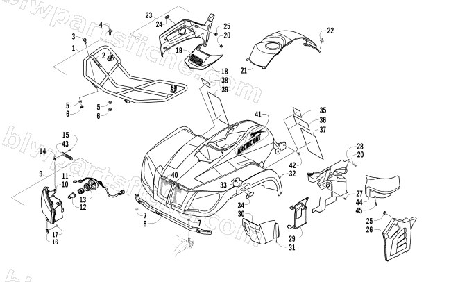 FRONT RACK, BODY PANEL, AND HEADLIGHT ASSEMBLIES diagram