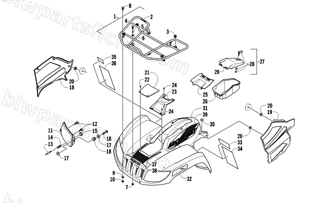 FRONT RACK, BODY PANEL, AND HEADLIGHT ASSEMBLIES diagram