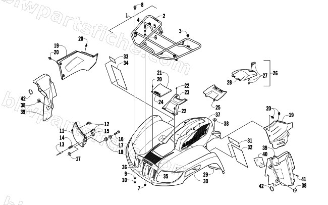 FRONT RACK, BODY PANEL, AND HEADLIGHT ASSEMBLIES diagram