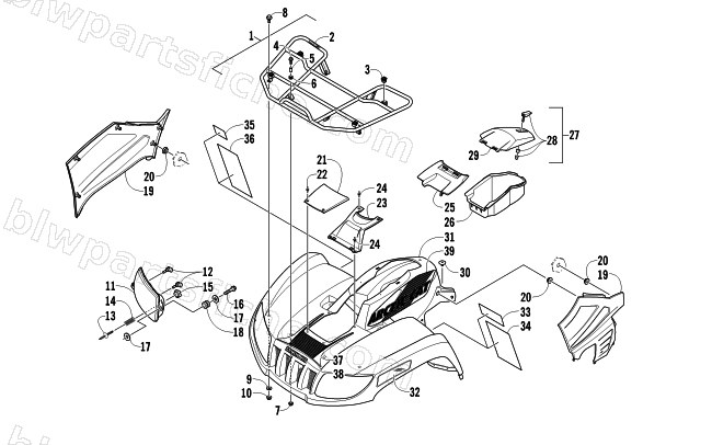 FRONT RACK, BODY PANEL, AND HEADLIGHT ASSEMBLIES diagram