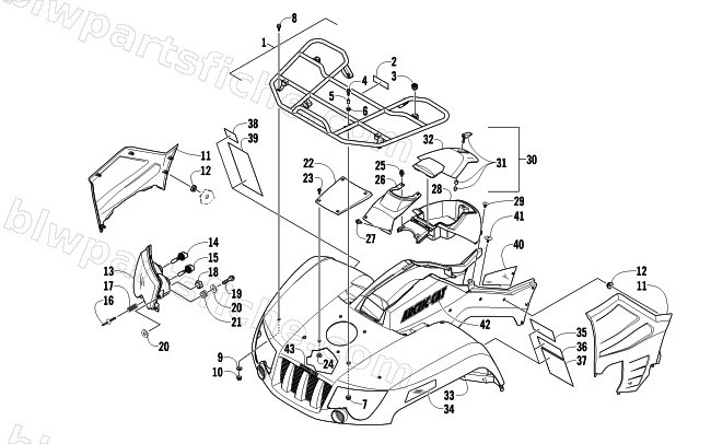 FRONT RACK, BODY PANEL, AND HEADLIGHT ASSEMBLIES diagram