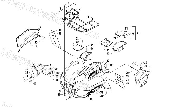FRONT RACK, BODY PANEL, AND HEADLIGHT ASSEMBLIES diagram