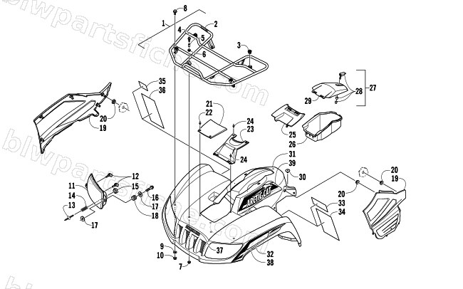 FRONT RACK, BODY PANEL, AND HEADLIGHT ASSEMBLIES diagram