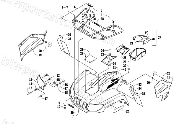 FRONT RACK, BODY PANEL, AND HEADLIGHT ASSEMBLIES diagram