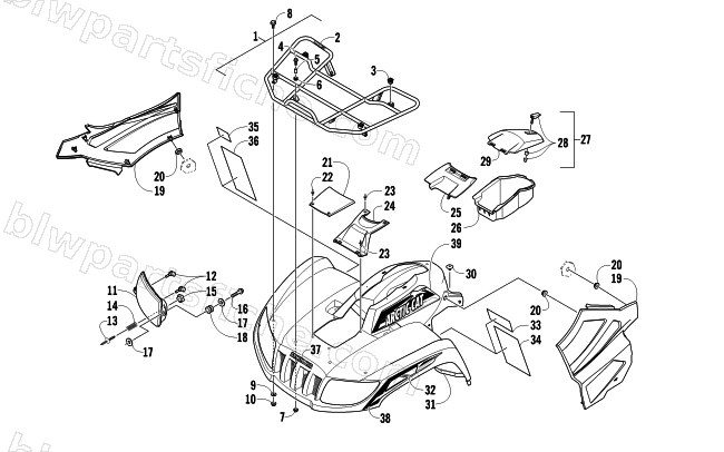 FRONT RACK, BODY PANEL, AND HEADLIGHT ASSEMBLIES diagram