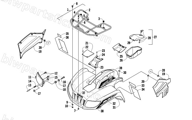 FRONT RACK, BODY PANEL, AND HEADLIGHT ASSEMBLIES diagram