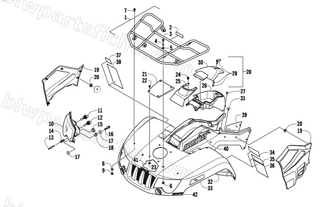 FRONT RACK, BODY PANEL, AND HEADLIGHT ASSEMBLIES diagram