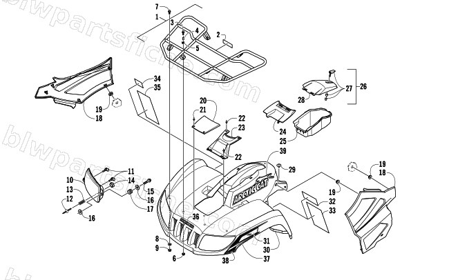 FRONT RACK, BODY PANEL, AND HEADLIGHT ASSEMBLIES diagram