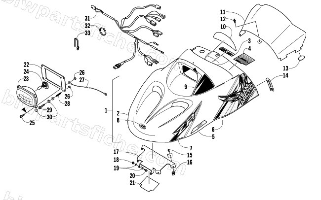 HOOD, HEADLIGHT, AND WINDSHIELD ASSEMBLY diagram