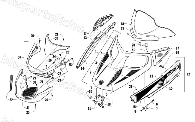 HOOD, WINDSHIELD, AND FRONT BUMPER ASSEMBLY diagram