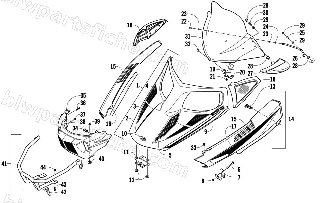 HOOD, WINDSHIELD, AND FRONT BUMPER ASSEMBLY diagram