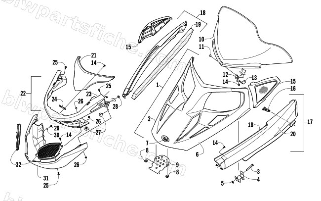 HOOD, WINDSHIELD, AND FRONT BUMPER ASSEMBLY diagram