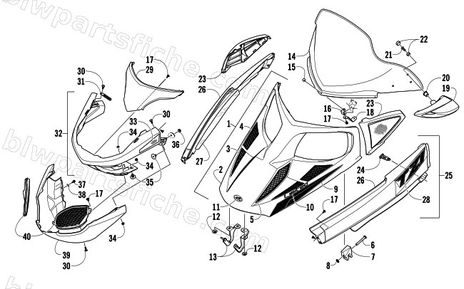 HOOD, WINDSHIELD, AND FRONT BUMPER ASSEMBLY diagram