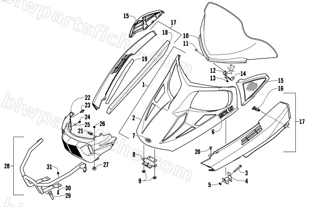HOOD, WINDSHIELD, AND FRONT BUMPER ASSEMBLY diagram