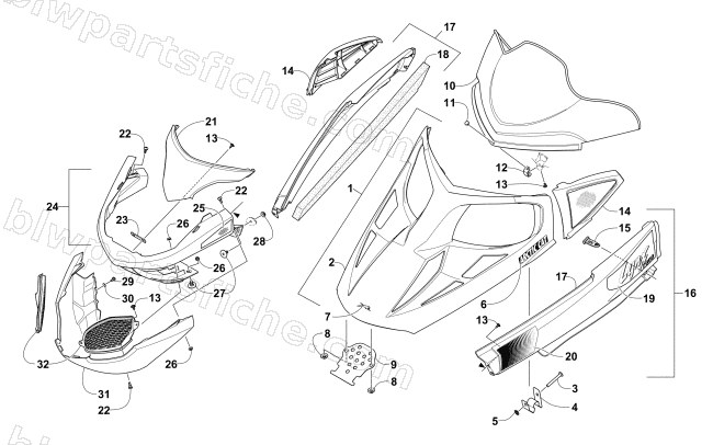 HOOD, WINDSHIELD, AND FRONT BUMPER ASSEMBLY diagram