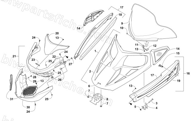 HOOD, WINDSHIELD, AND FRONT BUMPER ASSEMBLY diagram