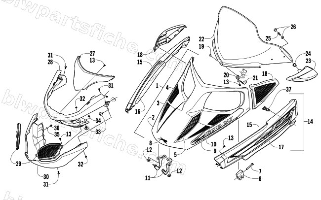 HOOD, WINDSHIELD, AND FRONT BUMPER ASSEMBLY diagram