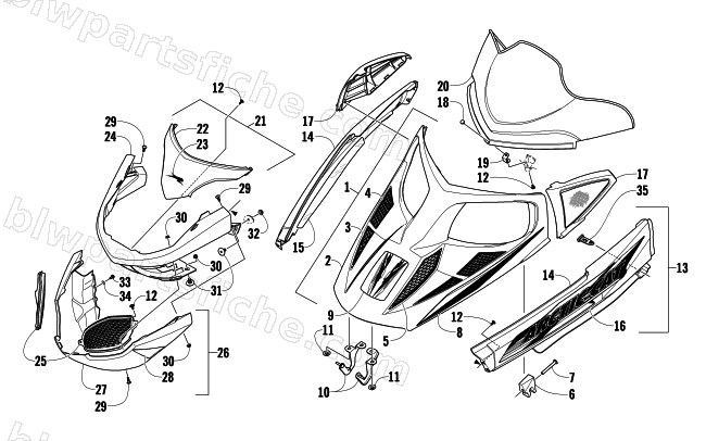 HOOD, WINDSHIELD, AND FRONT BUMPER ASSEMBLY diagram