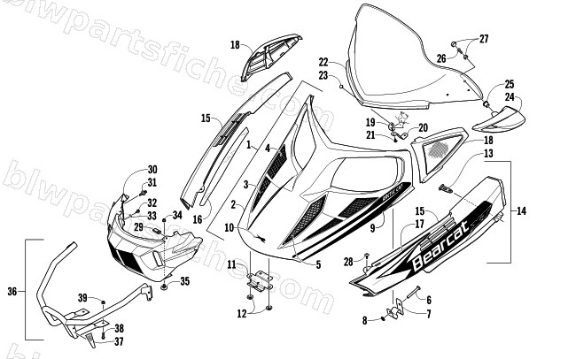 HOOD, WINDSHIELD, AND FRONT BUMPER ASSEMBLY diagram