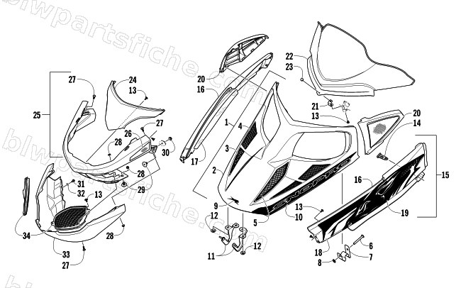 HOOD, WINDSHIELD, AND FRONT BUMPER ASSEMBLY diagram