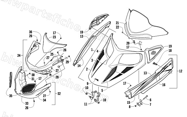 HOOD, WINDSHIELD, AND FRONT BUMPER ASSEMBLY diagram