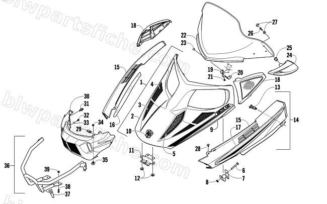 HOOD, WINDSHIELD, AND FRONT BUMPER ASSEMBLY diagram