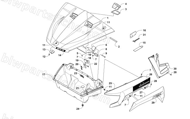 HOOD/FRONT STORAGE AND SIDE PANEL ASSEMBLY diagram