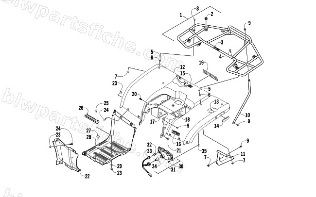 REAR BODY, RACK, AND TAILLIGHT ASSEMBLY diagram