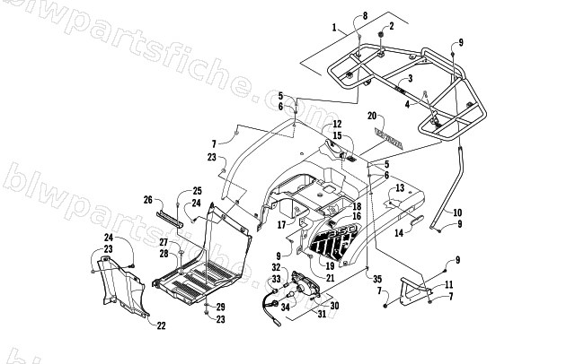 REAR BODY, RACK, AND TAILLIGHT ASSEMBLY diagram