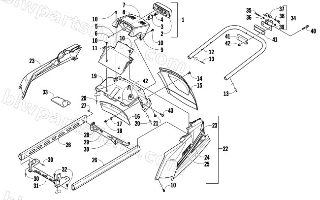 REAR BUMPER, HITCH, RACK RAIL, SNOWFLAP, AND TAILLIGHT ASSEMBLY diagram
